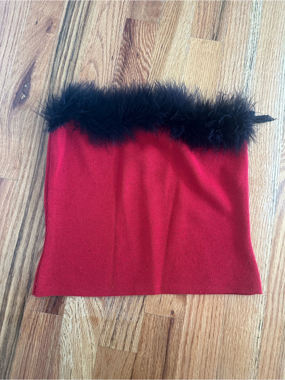 Mingle Red Strapless Tube top with Black Feather Trim